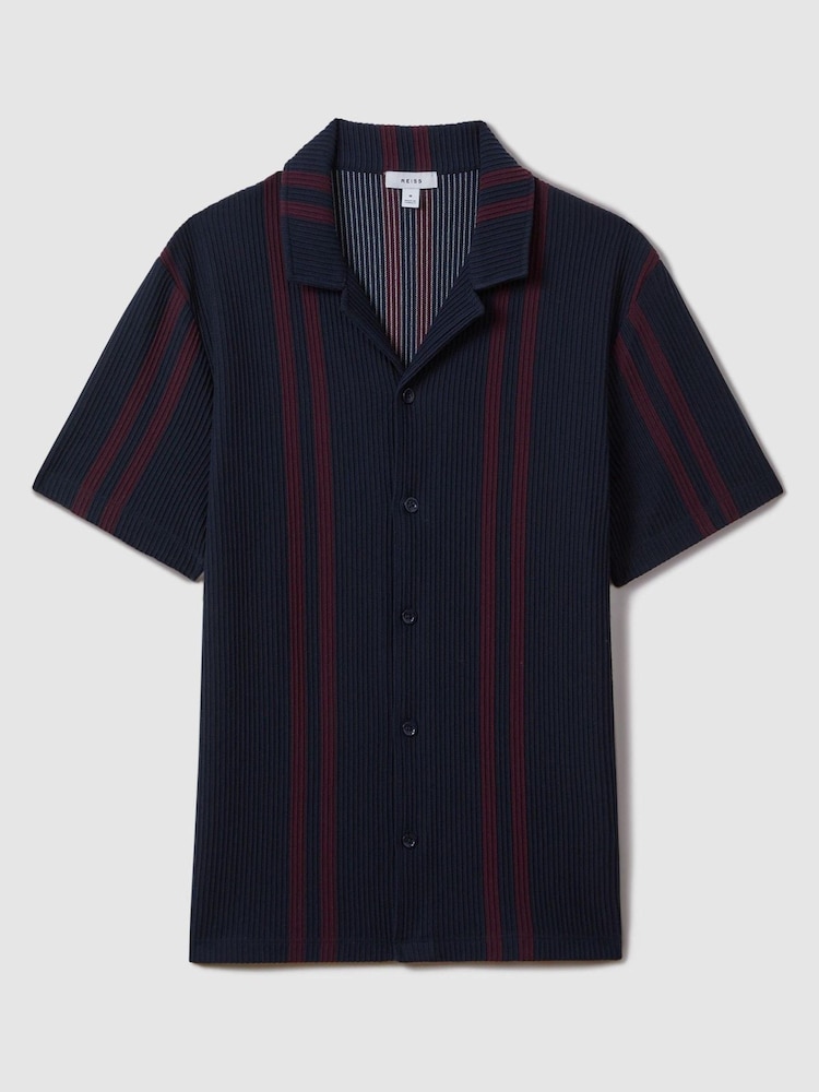 Reiss Navy/Bordeaux Castle Ribbed Striped Cuban Collar Shirt - Image 2 of 6