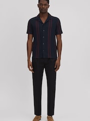 Reiss Navy/Bordeaux Castle Ribbed Striped Cuban Collar Shirt - Image 3 of 6