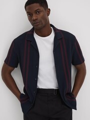 Reiss Navy/Bordeaux Castle Ribbed Striped Cuban Collar Shirt - Image 6 of 6