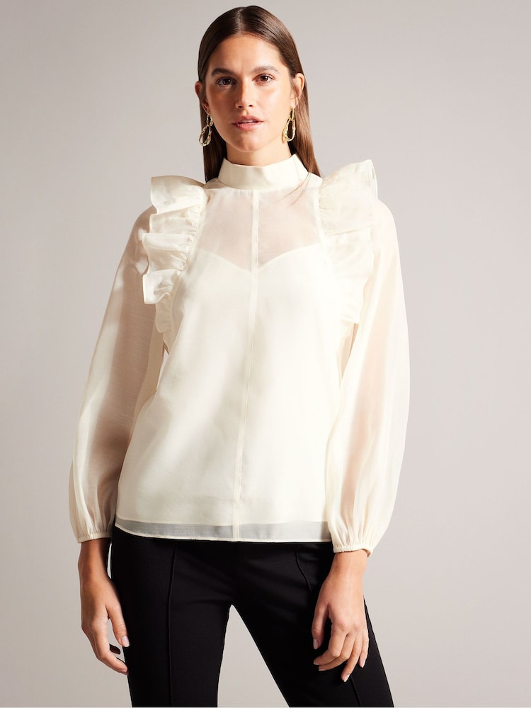 Ted Baker Nude Knit Rib Collar Aubreei Blouse with Balloon Sleeves - Image 1 of 6
