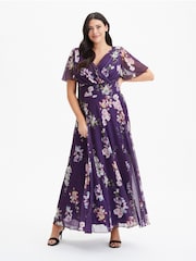 Пурпурный с цветочным узором - Scarlett & Jo Curve Isabelle Angel Sleeve Maxi Dress - Image 1 of 3