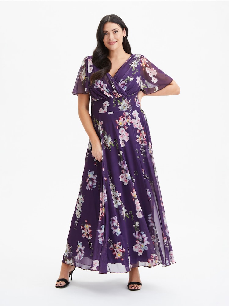 Пурпурный с цветочным узором - Scarlett & Jo Curve Isabelle Angel Sleeve Maxi Dress - Image 1 of 3