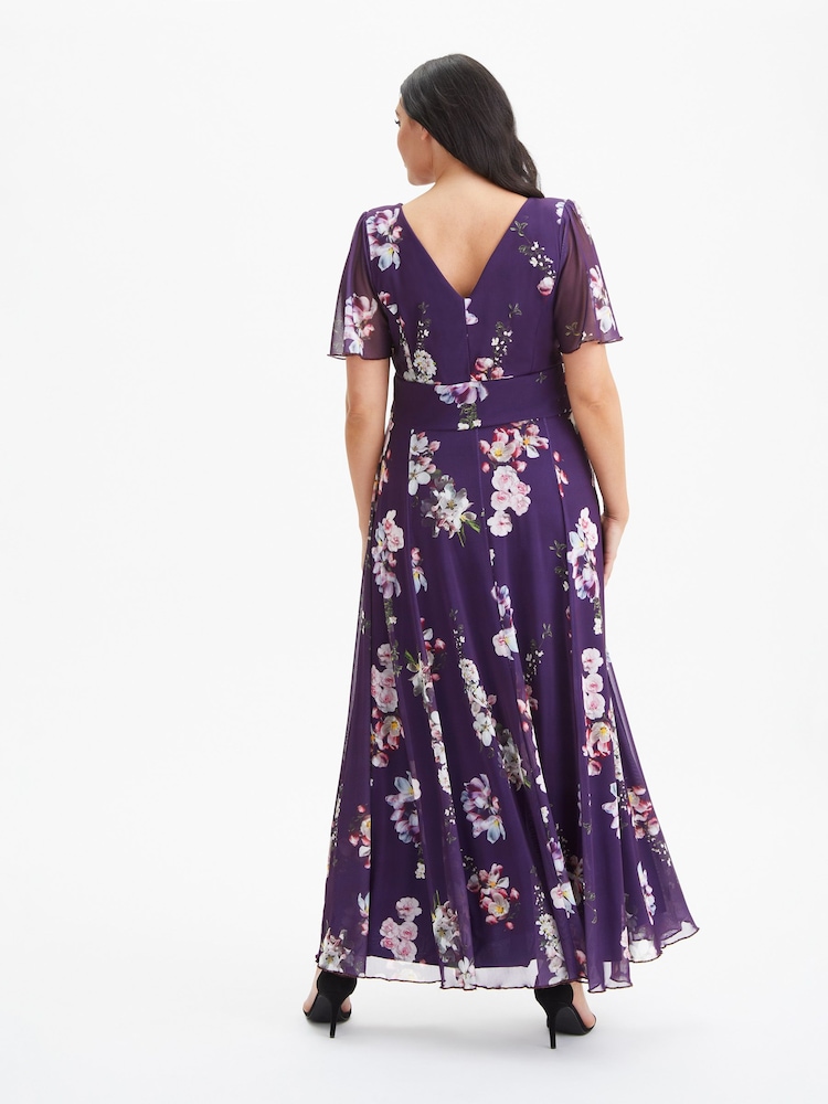 Пурпурный с цветочным узором - Scarlett & Jo Curve Isabelle Angel Sleeve Maxi Dress - Image 2 of 3