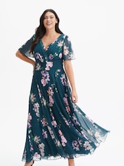 Scarlett & Jo Teal Green Floral Curve Isabelle Angel Sleeve Maxi Dress - Image 1 of 4