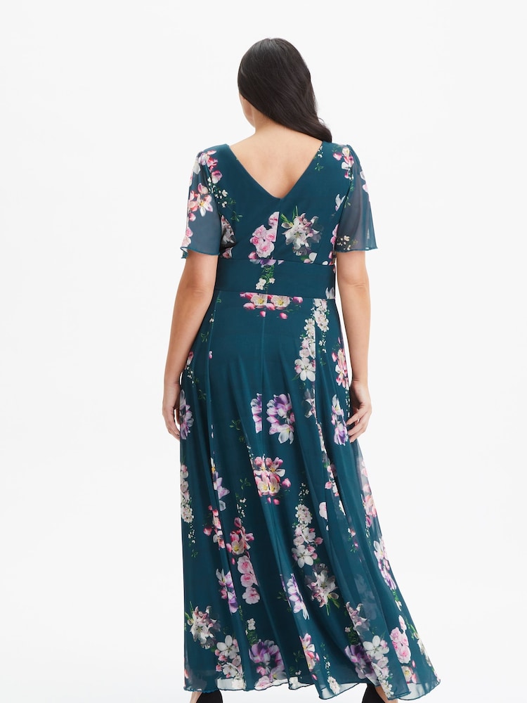 Scarlett & Jo Teal Green Floral Curve Isabelle Angel Sleeve Maxi Dress - Image 2 of 4