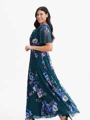 Scarlett & Jo Teal Green Floral Curve Isabelle Angel Sleeve Maxi Dress - Image 3 of 4