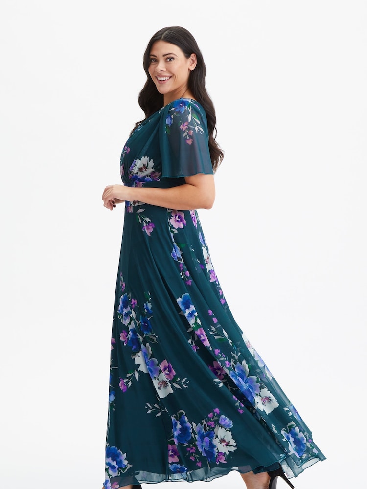 Scarlett & Jo Teal Green Floral Curve Isabelle Angel Sleeve Maxi Dress - Image 3 of 4