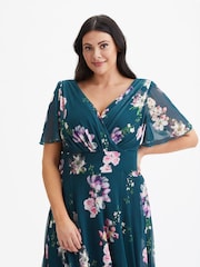 Scarlett & Jo Teal Green Floral Curve Isabelle Angel Sleeve Maxi Dress - Image 4 of 4