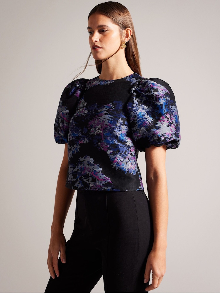 Ted Baker Black Jacquard Cropped Olliiey Top With Puff Sleeves - Image 1 of 6 Ted Baker Black Jacquard Cropped Olliiey Top With Puff Sleeves - Image 1 of 6