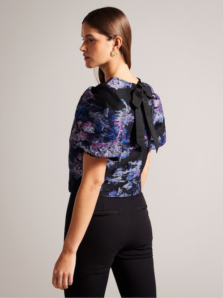 Ted Baker Black Jacquard Cropped Olliiey Top With Puff Sleeves - Image 2 of 6 Ted Baker Black Jacquard Cropped Olliiey Top With Puff Sleeves - Image 2 of 6
