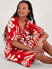 Monsoon Red Abstract Palm Print Tie Front Midi Dress - Image 3 of 5