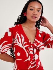 Monsoon Red Abstract Palm Print Tie Front Midi Dress - Image 4 of 5