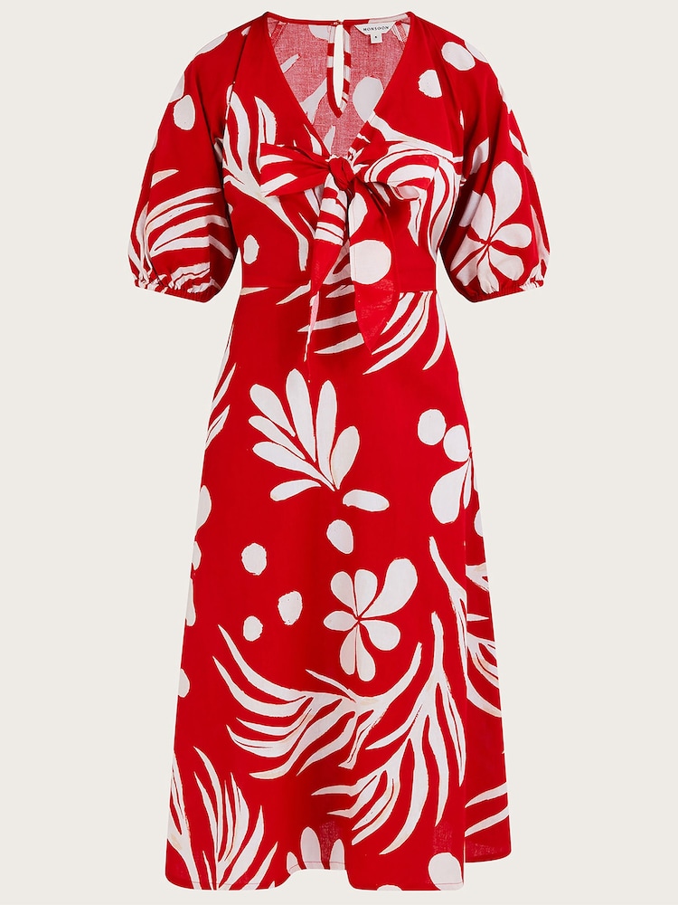 Monsoon Red Abstract Palm Print Tie Front Midi Dress - Image 5 of 5
