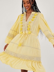 Monsoon Yellow Embroidered Pom Pom Kaftan Dress - Image 1 of 5