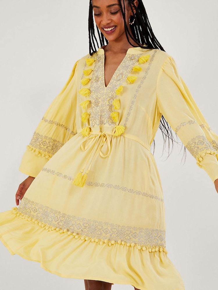 Monsoon Yellow Embroidered Pom Pom Kaftan Dress - Image 1 of 5