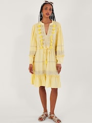Monsoon Yellow Embroidered Pom Pom Kaftan Dress - Image 2 of 5
