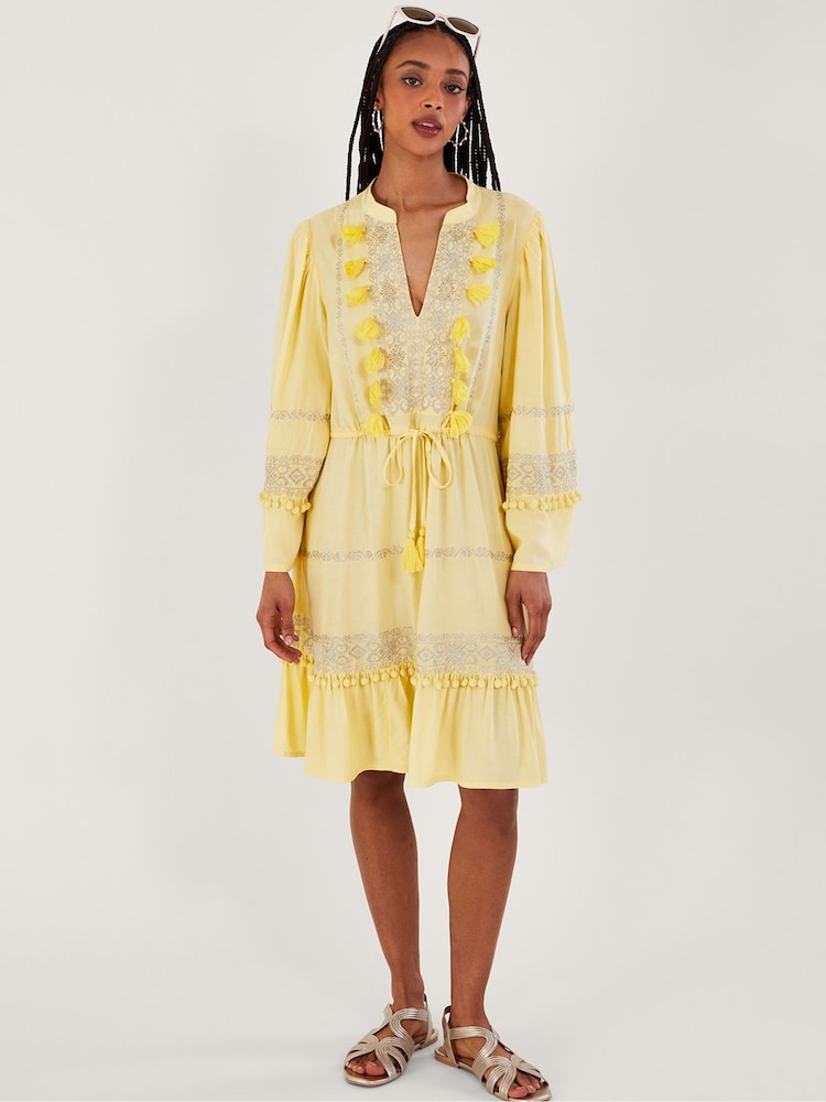 Monsoon Yellow Embroidered Pom Pom Kaftan Dress - Image 2 of 5