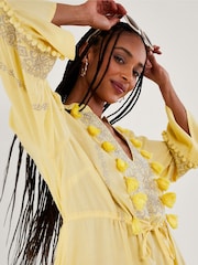Monsoon Yellow Embroidered Pom Pom Kaftan Dress - Image 4 of 5