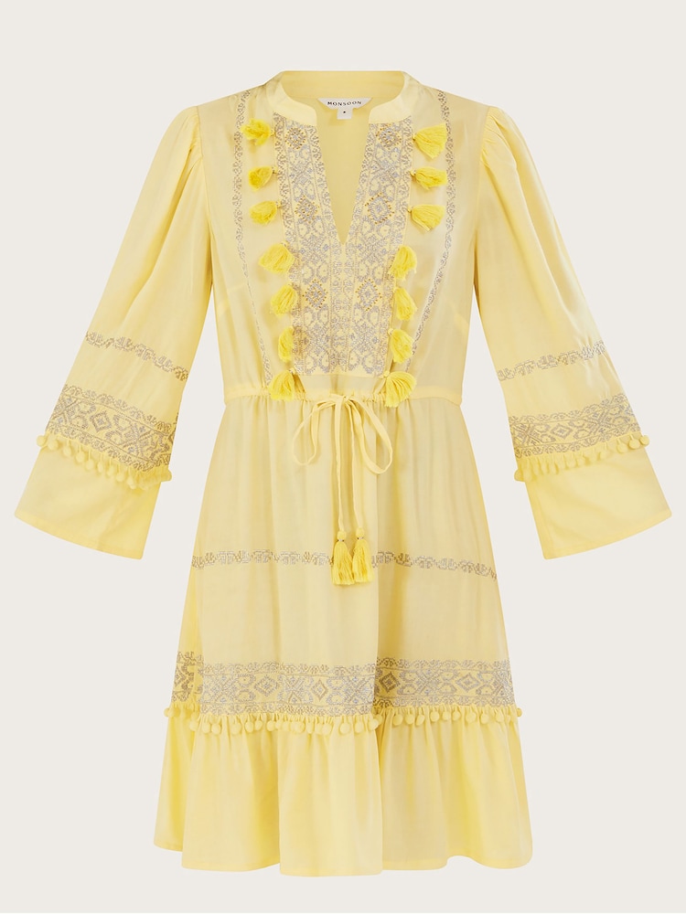 Monsoon Yellow Embroidered Pom Pom Kaftan Dress - Image 5 of 5