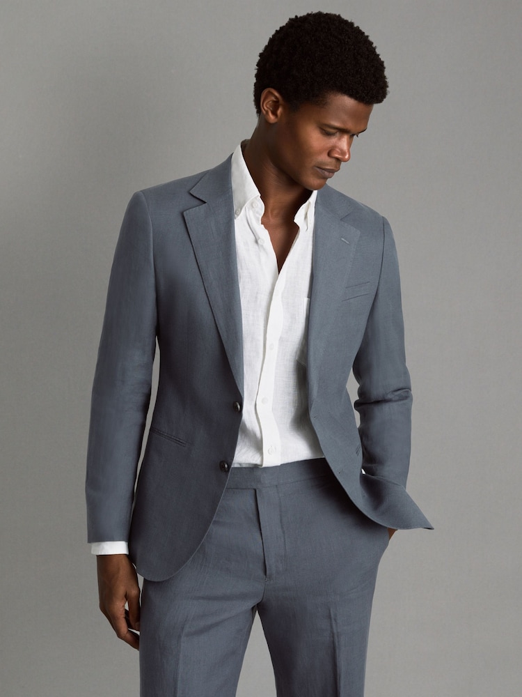 Reiss Airforce Blue Kin Single-Breasted Linen Suit Blazer Slim Fit - Image 1 of 7