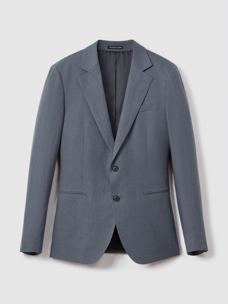 Reiss Airforce Blue Kin Single-Breasted Linen Suit Blazer Slim Fit - Image 2 of 7