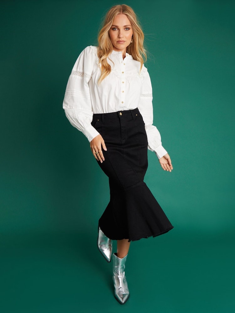 Another Sunday Raw Edge Ruffle Hem Denim Midi Black Skirt - Image 2 of 5