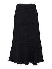 Another Sunday Raw Edge Ruffle Hem Denim Midi Black Skirt - Image 4 of 5