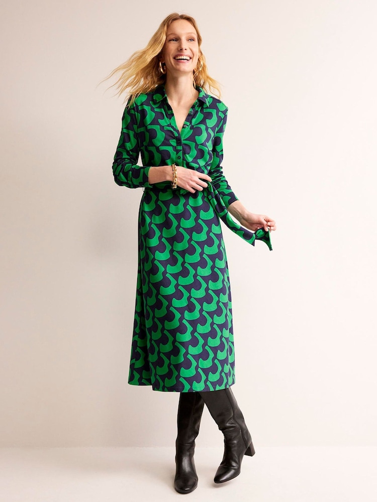 Boden Green Multi Laura Jersey Midi Shirt Dress - Image 1 of 4