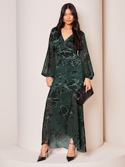 Lipsy Green Floral Long Sleeve Jersey Ruched Midaxi Dress - Image 1 of 4