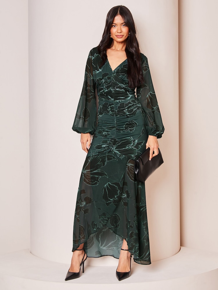 Lipsy Green Floral Long Sleeve Jersey Ruched Midaxi Dress - Image 1 of 4