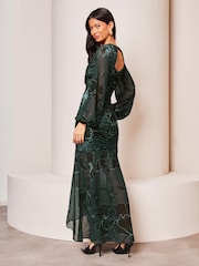 Lipsy Green Floral Long Sleeve Jersey Ruched Midaxi Dress - Image 2 of 4