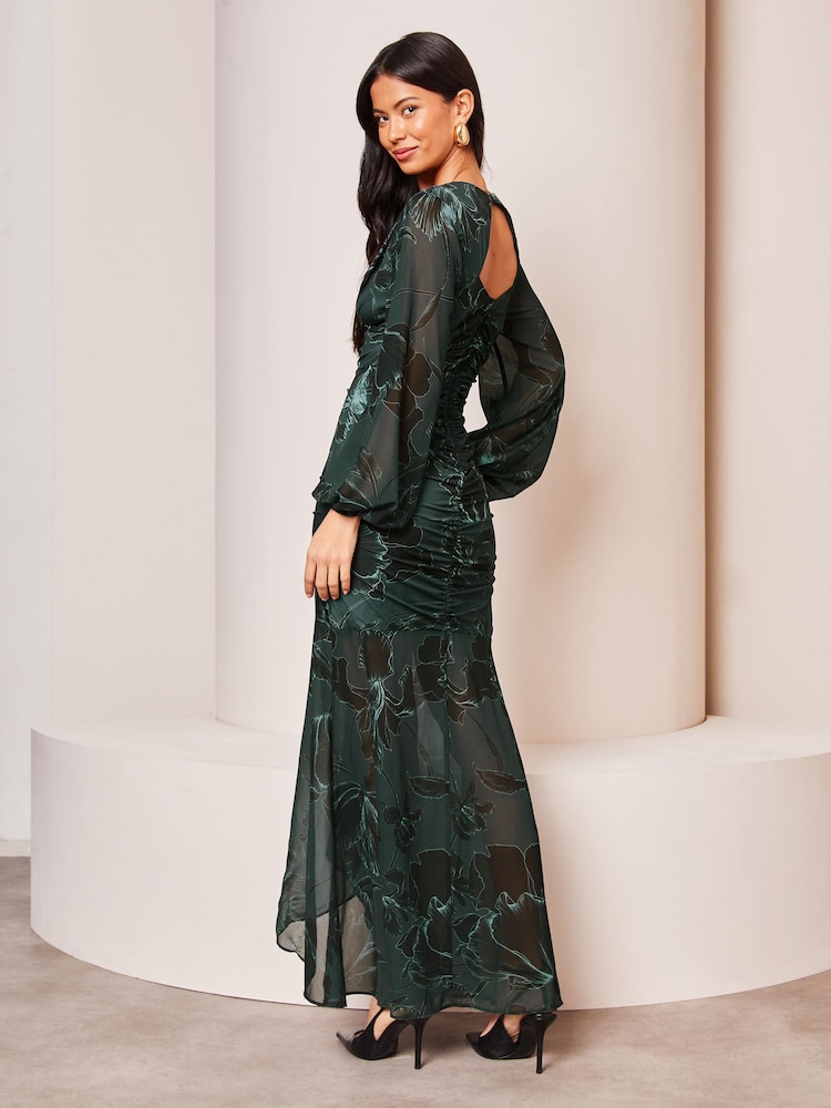 Lipsy Green Floral Long Sleeve Jersey Ruched Midaxi Dress - Image 2 of 4