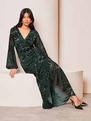 Lipsy Green Floral Long Sleeve Jersey Ruched Midaxi Dress - Image 3 of 4
