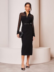 Lipsy Black Long Sleeve Hybrid Mesh Belted Midi Dress - Image 1 of 4