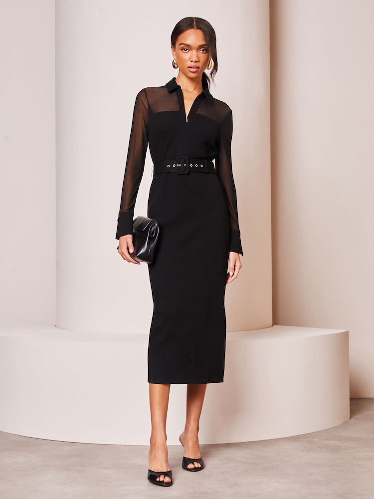 Lipsy Black Long Sleeve Hybrid Mesh Belted Midi Dress - Image 1 of 4