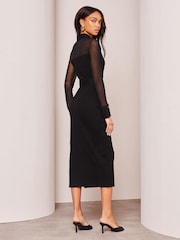 Lipsy Black Long Sleeve Hybrid Mesh Belted Midi Dress - Image 2 of 4