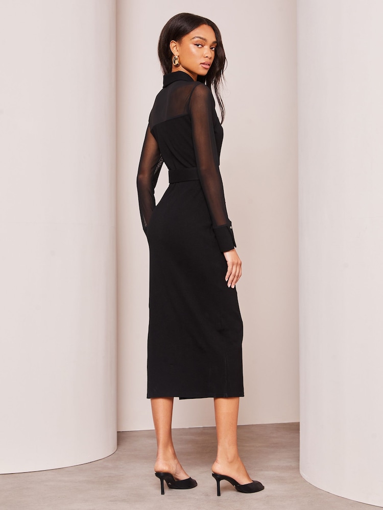 Lipsy Black Long Sleeve Hybrid Mesh Belted Midi Dress - Image 2 of 4