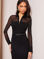 Lipsy Black Long Sleeve Hybrid Mesh Belted Midi Dress - Image 3 of 4