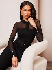 Lipsy Black Long Sleeve Hybrid Mesh Belted Midi Dress - Image 4 of 4