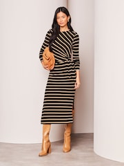 Lipsy Black/White Crew Neck Cosy Long Sleeve Tie Side Jersey Midi Jumper Dress - Image 1 of 4
