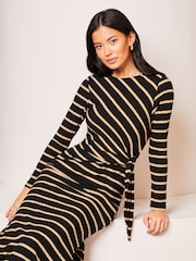 Lipsy Black/White Crew Neck Cosy Long Sleeve Tie Side Jersey Midi Jumper Dress - Image 2 of 4