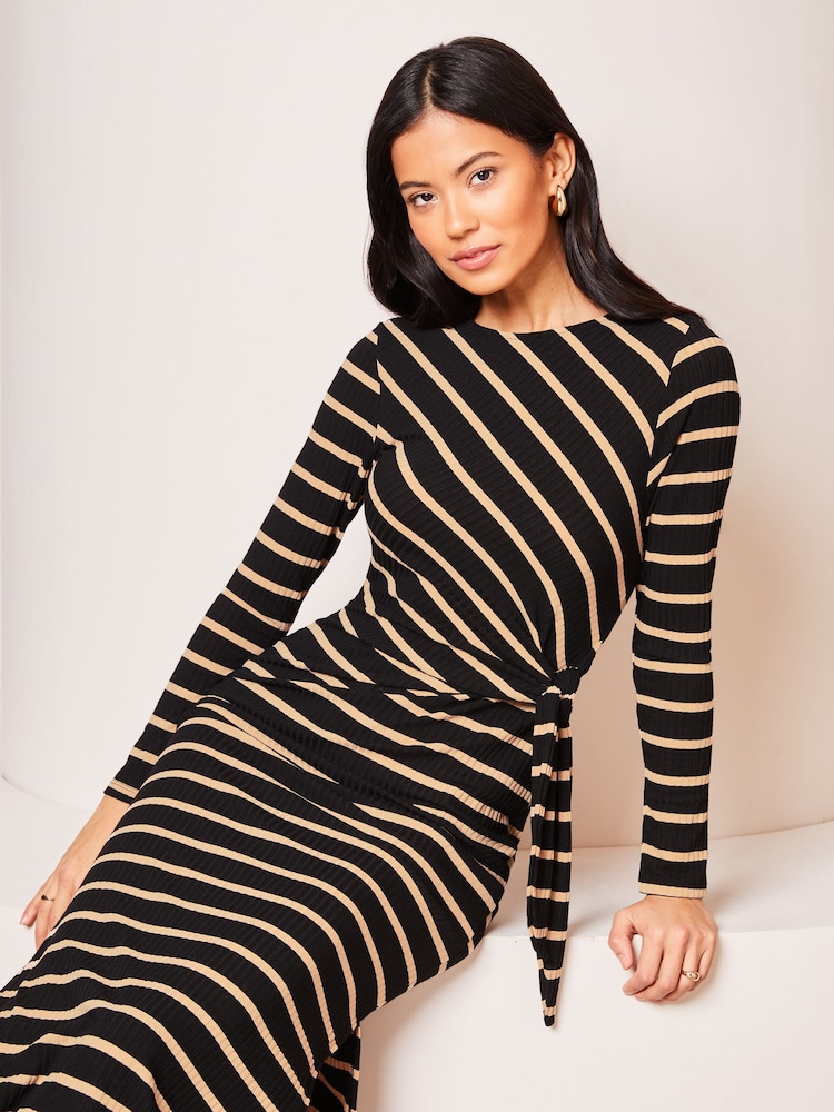 Lipsy Black/White Crew Neck Cosy Long Sleeve Tie Side Jersey Midi Jumper Dress - Image 2 of 4