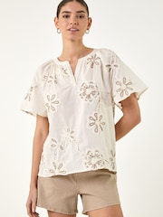 Roman White Floral Embroidered Cotton Tunic Top - Image 2 of 5