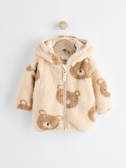 Ecru/Tan Bear Print Baby Cosy Fleece Jacket with 3d Ears (0mths-2yrs) - Image 4 of 10