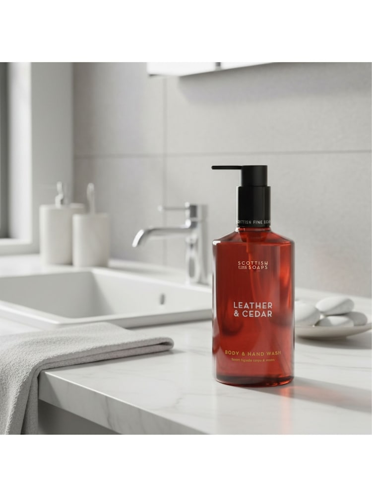 Scottish Fine Soaps Leather & Cedar Body & Hand Wash 300ml Pump Bottle - Image 2 of 2 Scottish Fine Soaps Leather & Cedar Body & Hand Wash 300ml Pump Bottle - Image 2 of 2