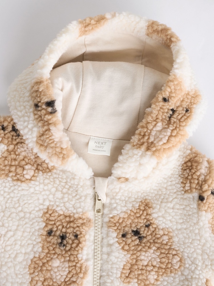 Buy Ecru/Tan Bear Print Baby Cosy Zip Lined Hooded Fleece All-In
