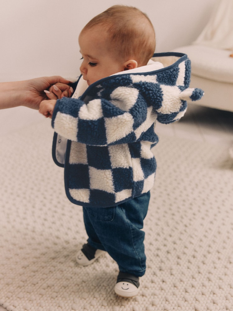 Navy Blue Checkerboard Baby Borg Hooded Fleece Jacket (0mths-2yrs) - Image 1 of 10