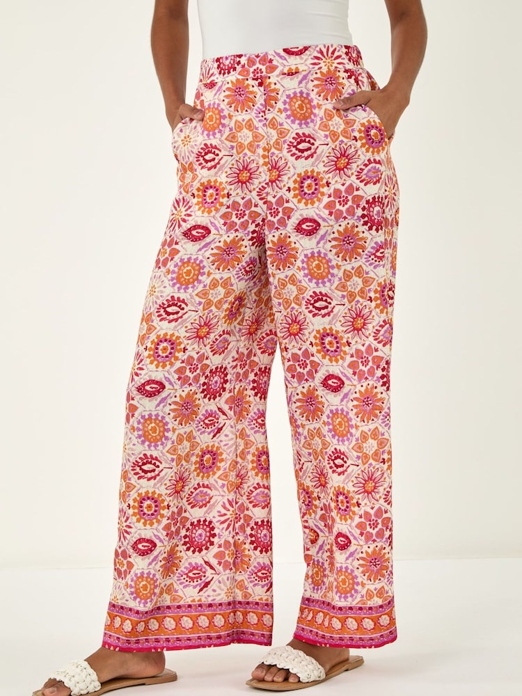 Roman Orange Floral Print Wide Leg Trousers - Image 1 of 4 Roman Orange Floral Print Wide Leg Trousers - Image 1 of 4
