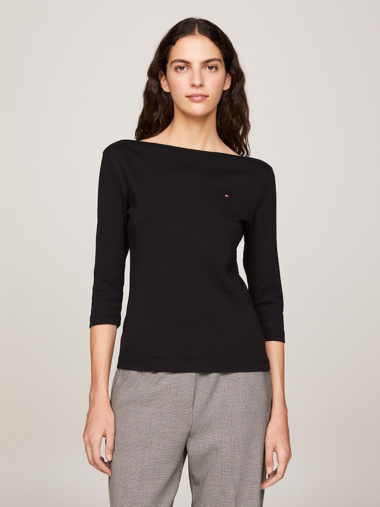 Tommy Hilfiger Black Slim Cody Boat Neck 100% Cotton Top - Image 1 of 5 Tommy Hilfiger Black Slim Cody Boat Neck 100% Cotton Top - Image 1 of 5