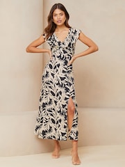 Lipsy Black/White Sleeveless V Neck Ruffle Summer Midi Dress - Image 1 of 4